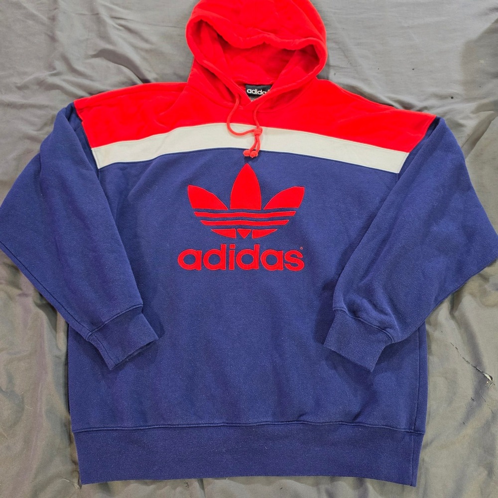 Vtg 90s Adidas Originals Trefoil Hoodie Mens Medium Navy Red Colorblock Pullover